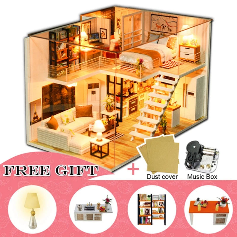 Miniatuur Poppenhuis met Meubels – DIY Houten Kerstcadeau Set