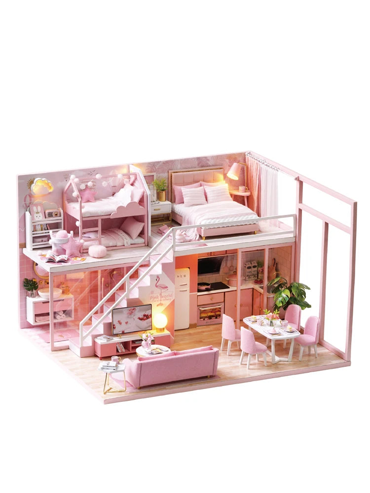 Miniatuur Poppenhuis met Meubels – DIY Houten Kerstcadeau Set