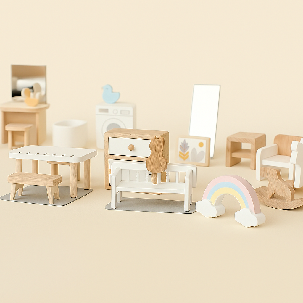 Modern Houten Poppenhuismeubilair – Keuken & Badkamer Set 3+