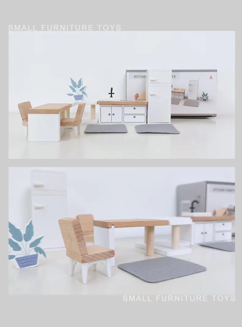Modern Houten Poppenhuismeubilair – Keuken & Badkamer Set 3+