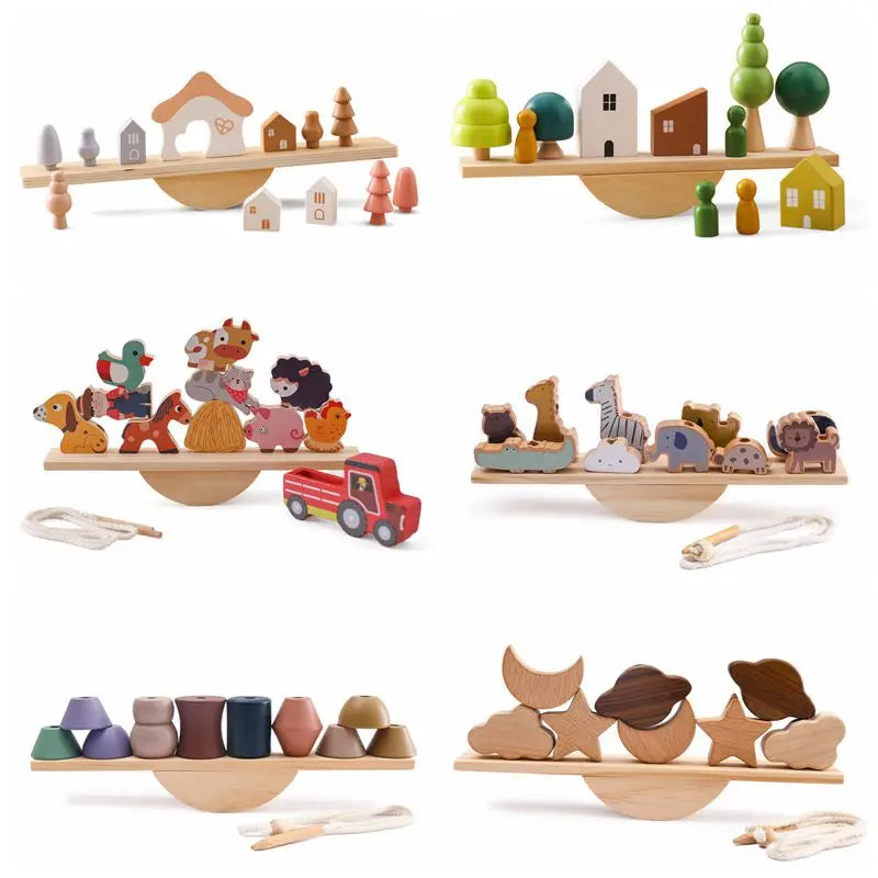 Houten Balance Board met Dieren & Rijgspel – Educatief Speelgoed
