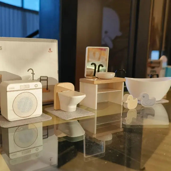 Modern Houten Poppenhuismeubilair – Keuken & Badkamer Set 3+