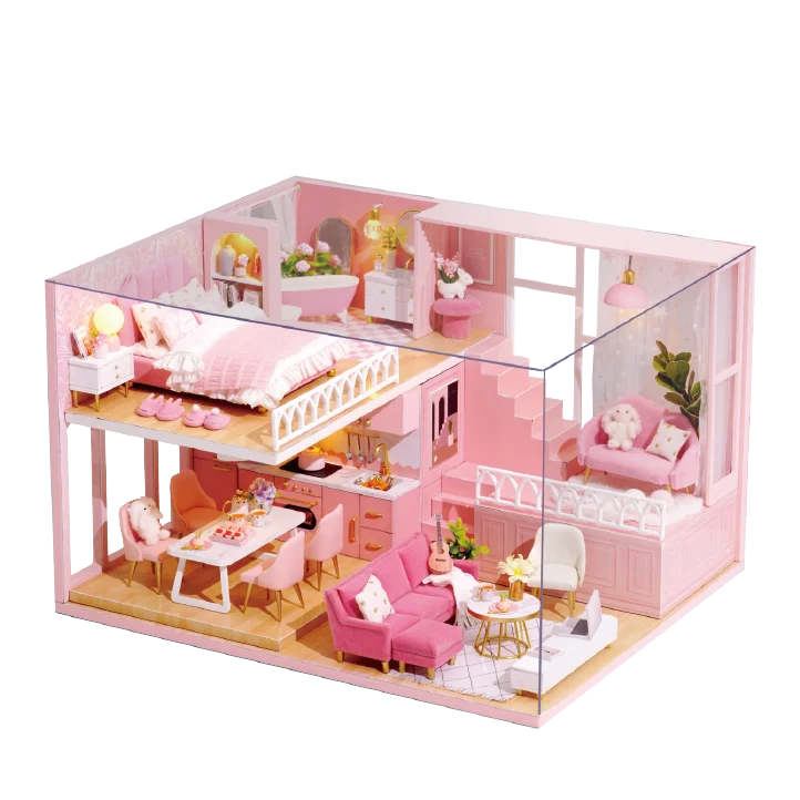 Miniatuur Poppenhuis met Meubels – DIY Houten Kerstcadeau Set