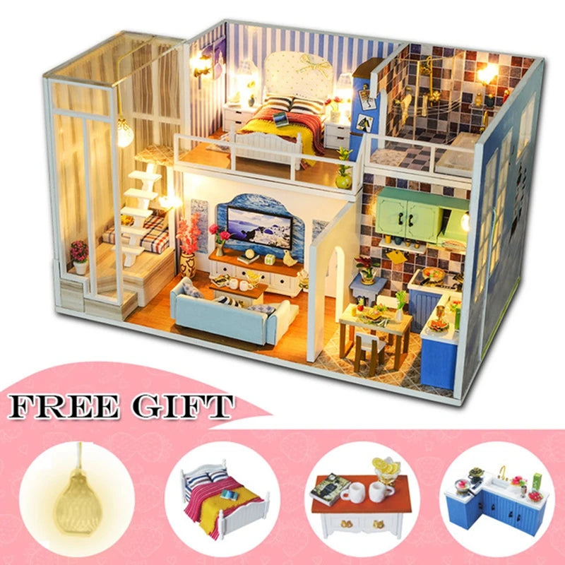 Miniatuur Poppenhuis met Meubels – DIY Houten Kerstcadeau Set