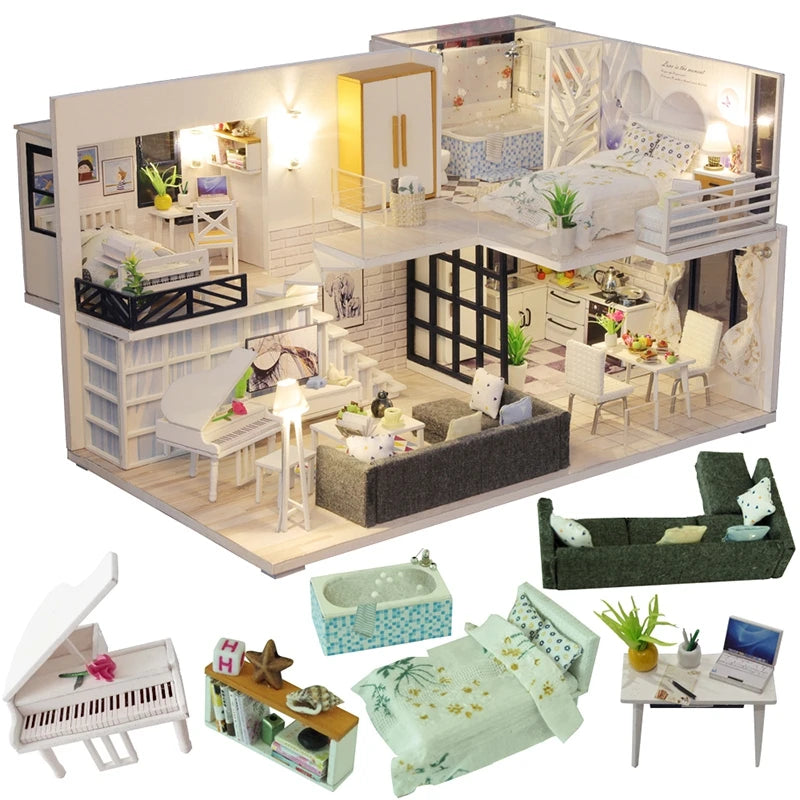 Miniatuur Poppenhuis met Meubels – DIY Houten Kerstcadeau Set