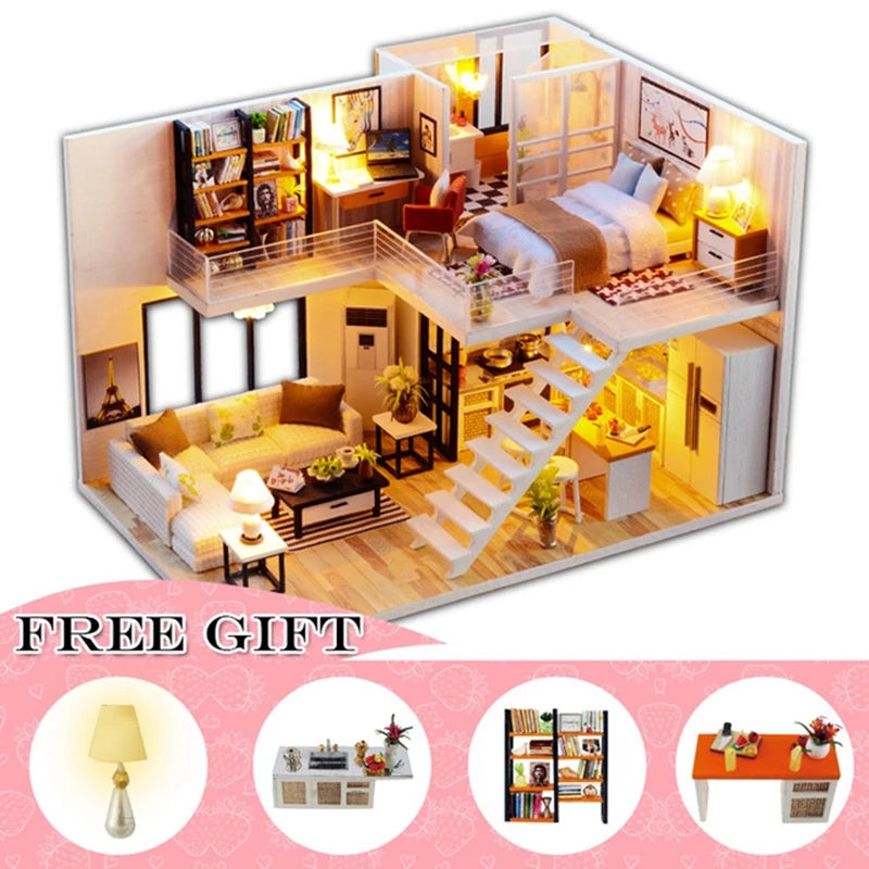 Miniatuur Poppenhuis met Meubels – DIY Houten Kerstcadeau Set