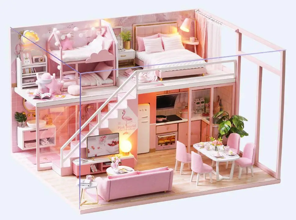 Miniatuur Poppenhuis met Meubels – DIY Houten Kerstcadeau Set