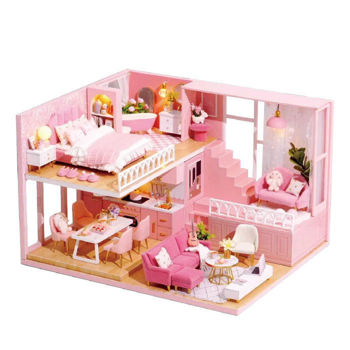 Miniatuur Poppenhuis met Meubels – DIY Houten Kerstcadeau Set