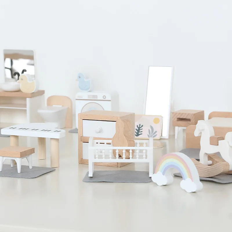 Modern Houten Poppenhuismeubilair – Keuken & Badkamer Set 3+